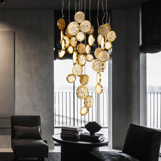 Modern Copper LED Circular Luxury Light Fixture. Staircase Chandelier