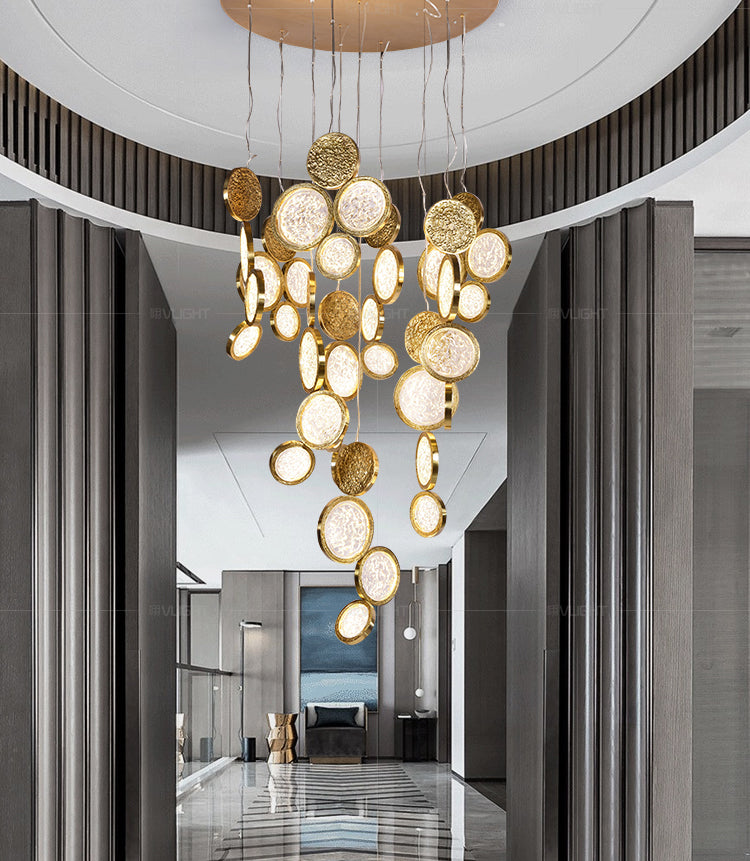Modern Copper LED Circular Luxury Light Fixture. Staircase Chandelier