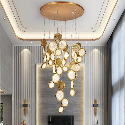 Modern Copper LED Circular Luxury Light Fixture. Staircase Chandelier