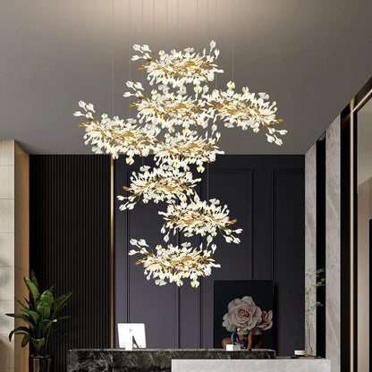 Gliss Ceramic Ginkgo Cascading Branch Chandelier, Modern Tree Chandelier