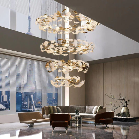 Gliss Ceramic Ginkgo Rings Linear Branch Chandelier Lighting